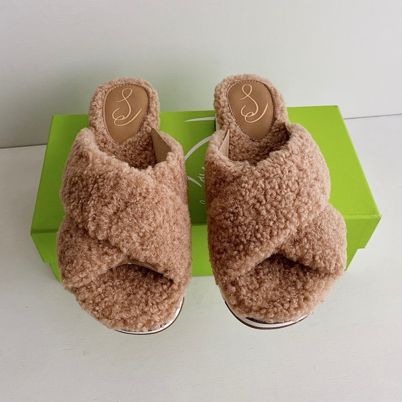 ✨New SAM EDELMAN Alice Faux Fur Slide Sandals Camel Shearling 7.5M - Picture 3 of 8